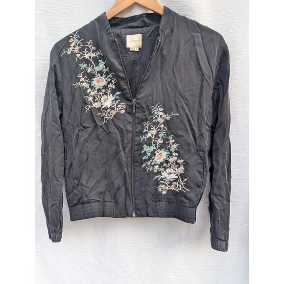 A Moss Womens Full Zip Floral Embroidered Bomber Jacket XS Black Lyocell Blend - Picture 1 of 7